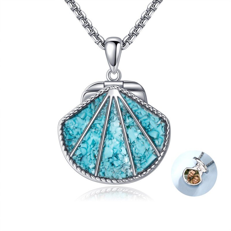 Sterling Silver Turquoise Shell Personalized Photo Locket Necklace For Women Best Friend-9