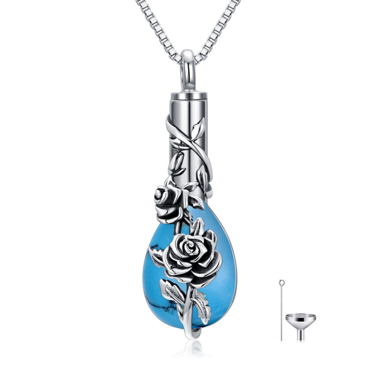 Collana con urna con rosa turchese in argento sterling per ceneri-1