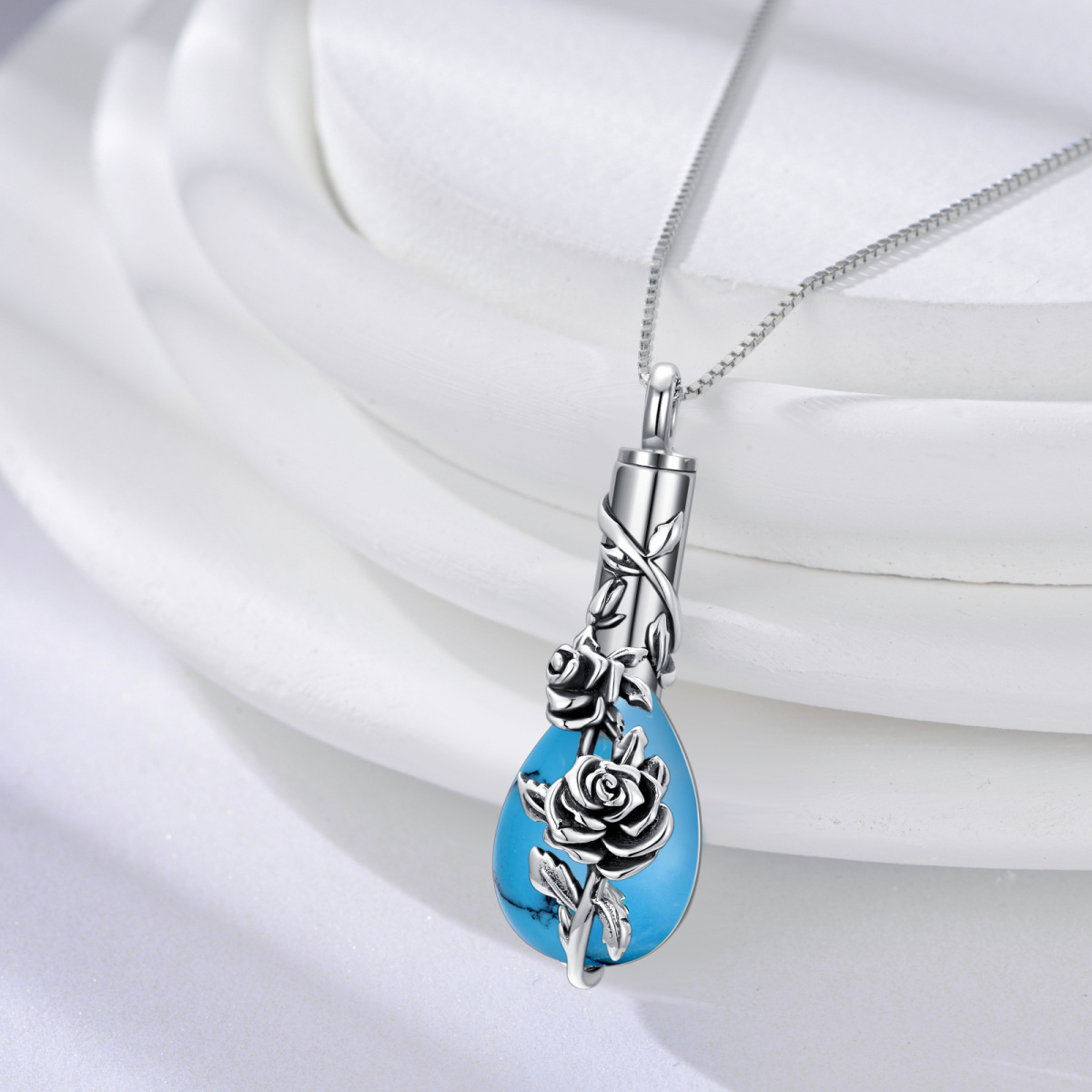 Sterling Silver Turquoise Rose Urn Necklace for Ashes-3