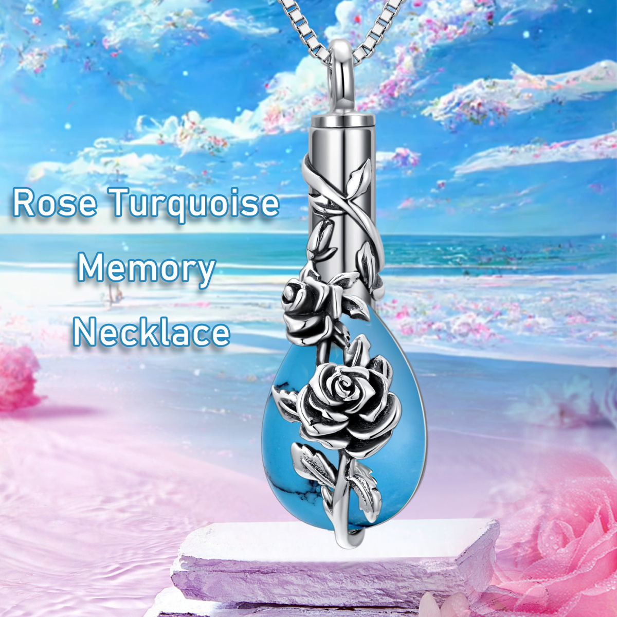 Sterling Silver Turquoise Rose Urn Necklace for Ashes-6