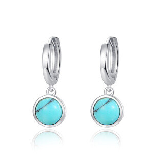 Sterling Silver Turquoise Round Drop Hoop Earrings-5