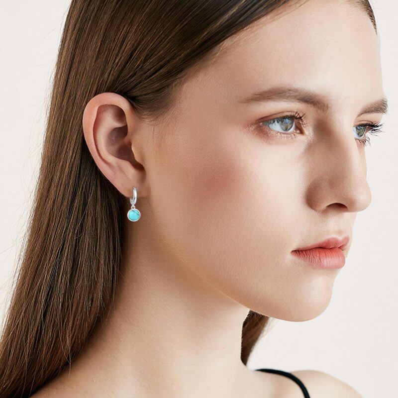 Sterling Silver Turquoise Round Drop Hoop Earrings-2