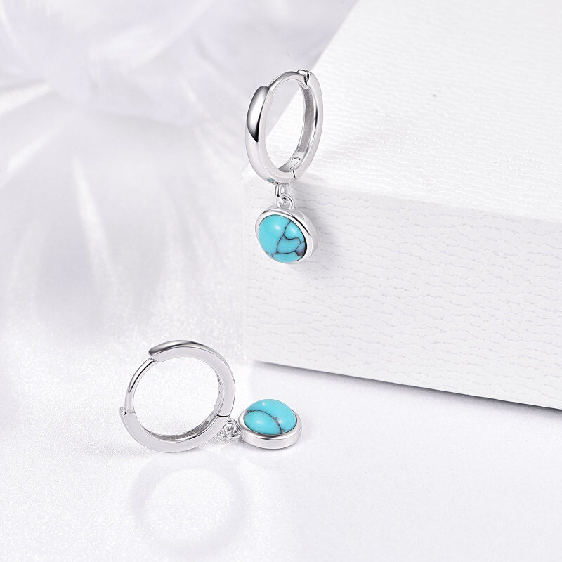Sterling Silver Turquoise Round Drop Hoop Earrings-4
