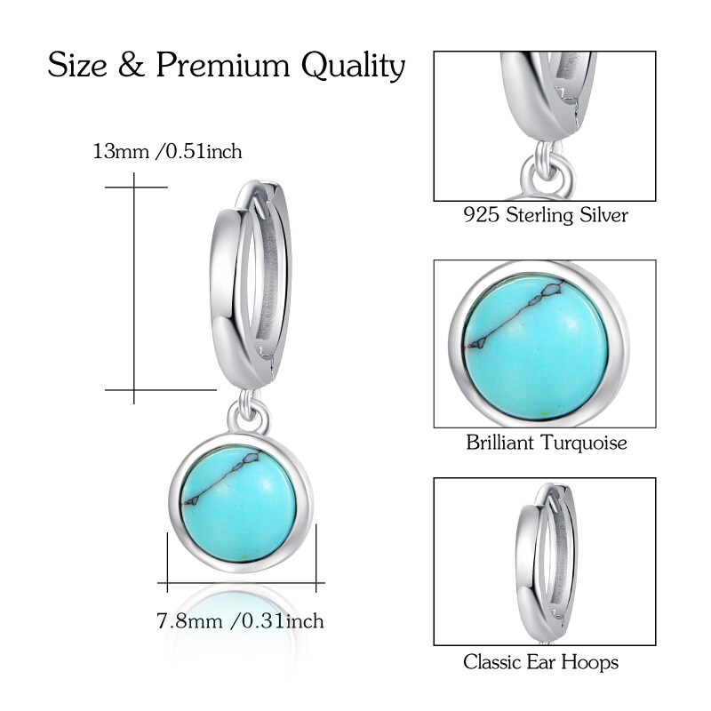 Sterling Silver Turquoise Round Drop Hoop Earrings-5