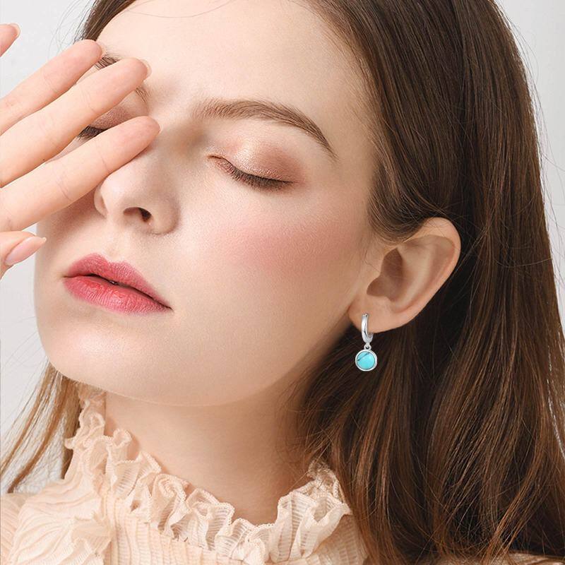 Sterling Silver Turquoise Round Drop Hoop Earrings-3