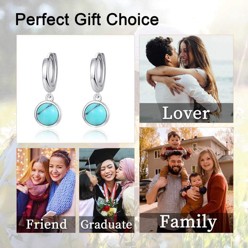 Sterling Silver Turquoise Round Drop Hoop Earrings-6