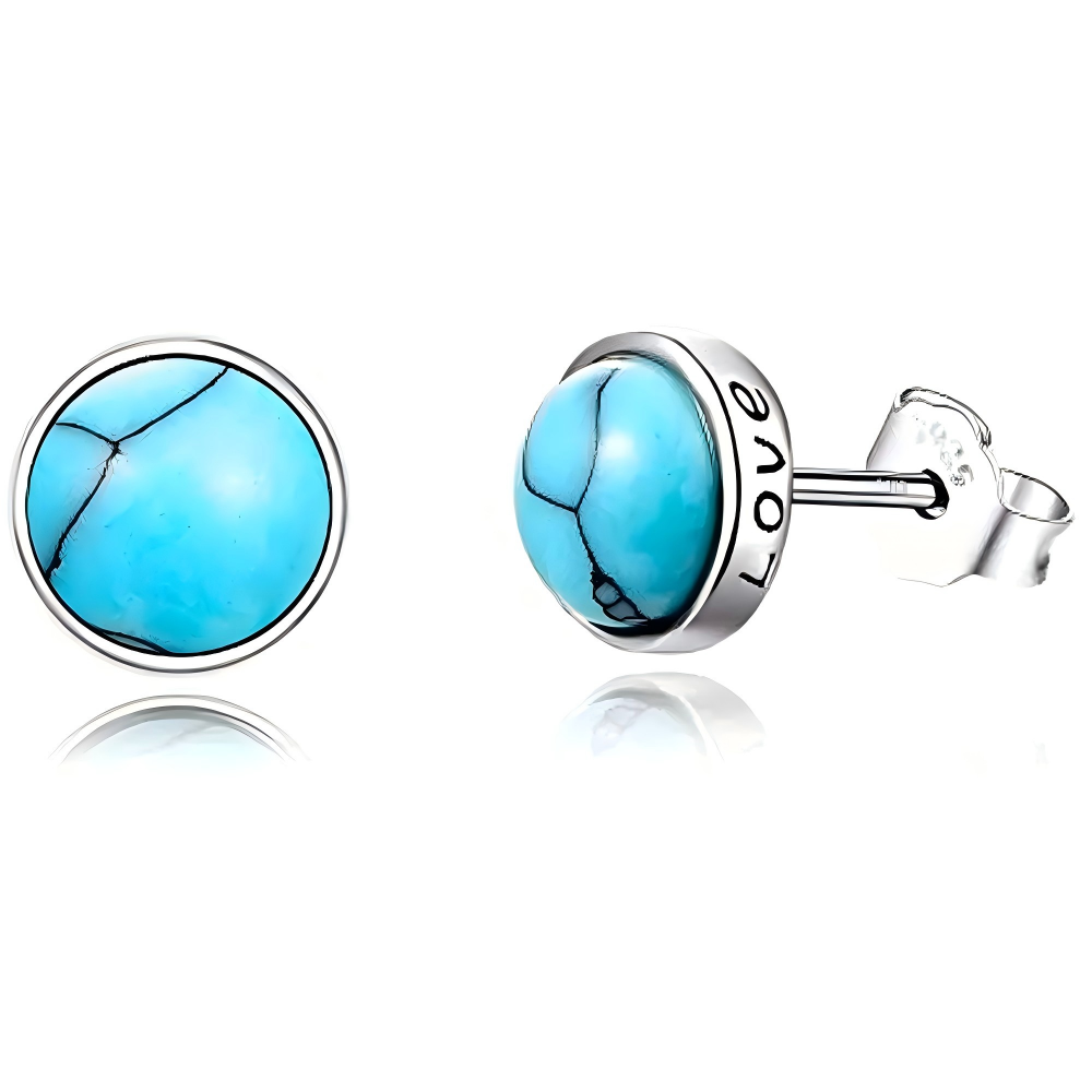 Sterling Silver Turquoise Round Stud Earrings with Engraved Word-1