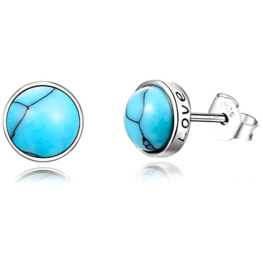 Boucles d'oreilles à tige rondes en argent sterling avec turquoise et mot gravé