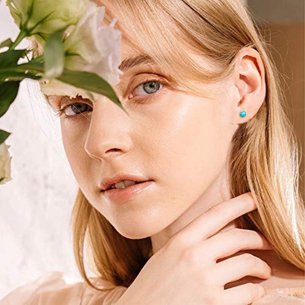 Sterling Silver Turquoise Round Stud Earrings with Engraved Word-2