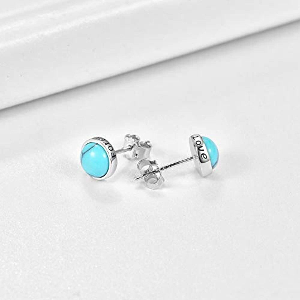 Sterling Silver Turquoise Round Stud Earrings with Engraved Word-5