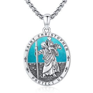 Sterling Silver Turquoise Saint Christopher Pendant Necklace with Engraved Word for Men-41