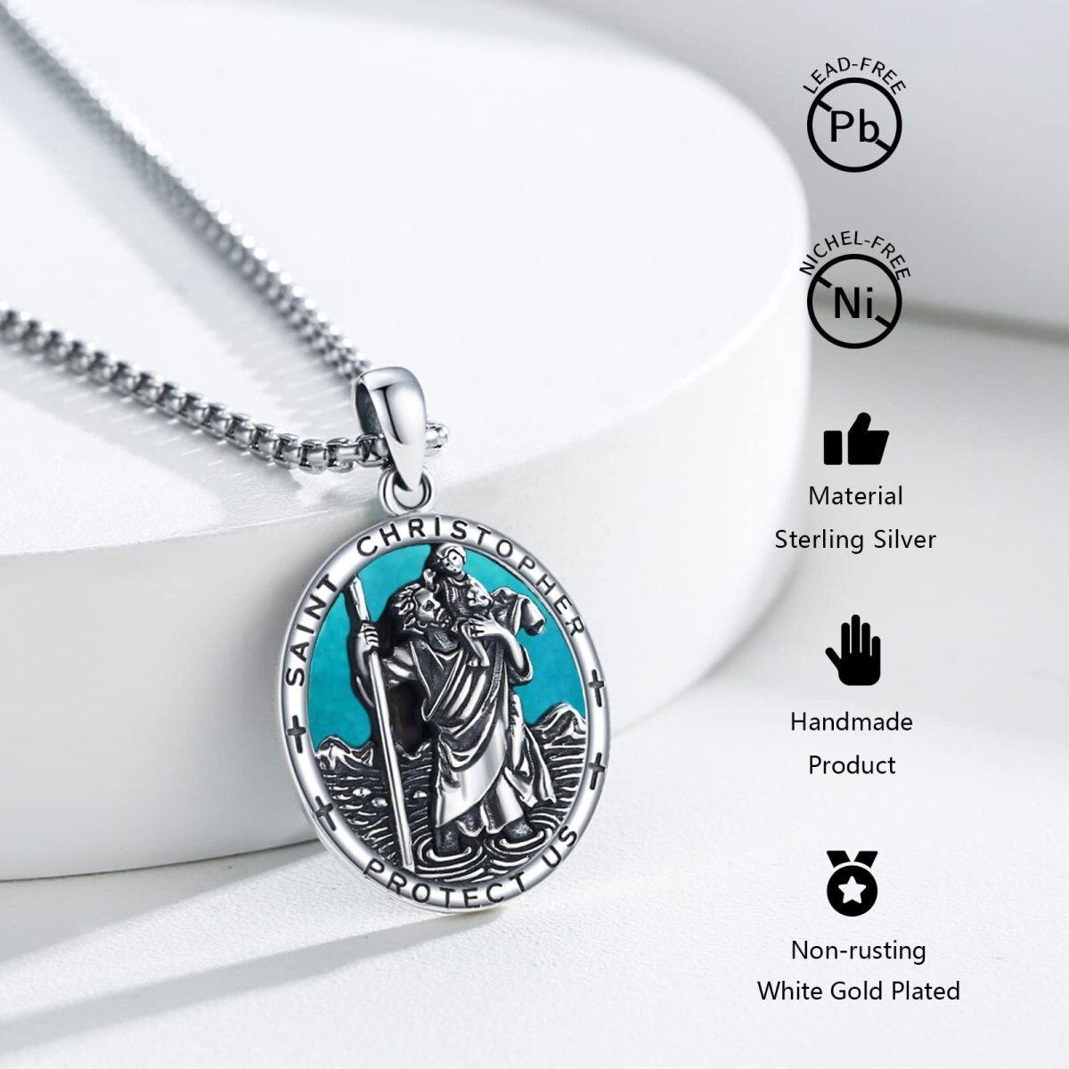 Sterling Silber Türkis Saint Christopher Anhänger Halskette mit eingraviertem Wort für Män-3