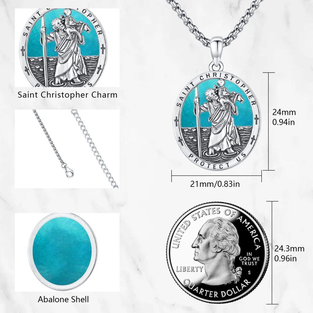 Sterling Silver Turquoise Saint Christopher Pendant Necklace with Engraved Word for Men-4