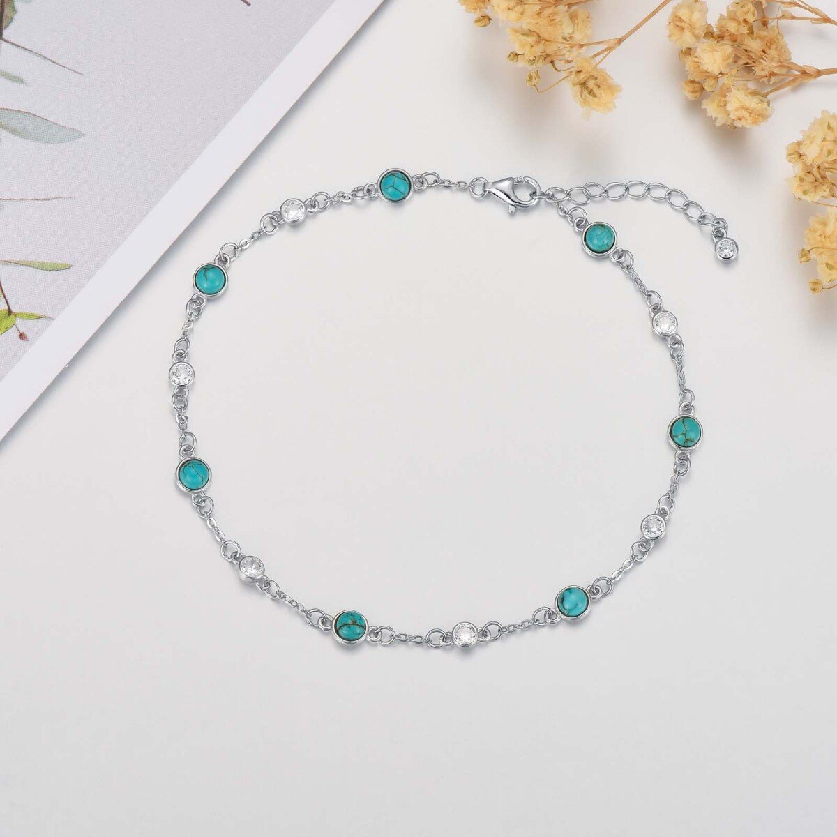 Sterling Silver Turquoise Single Layer Anklet-3