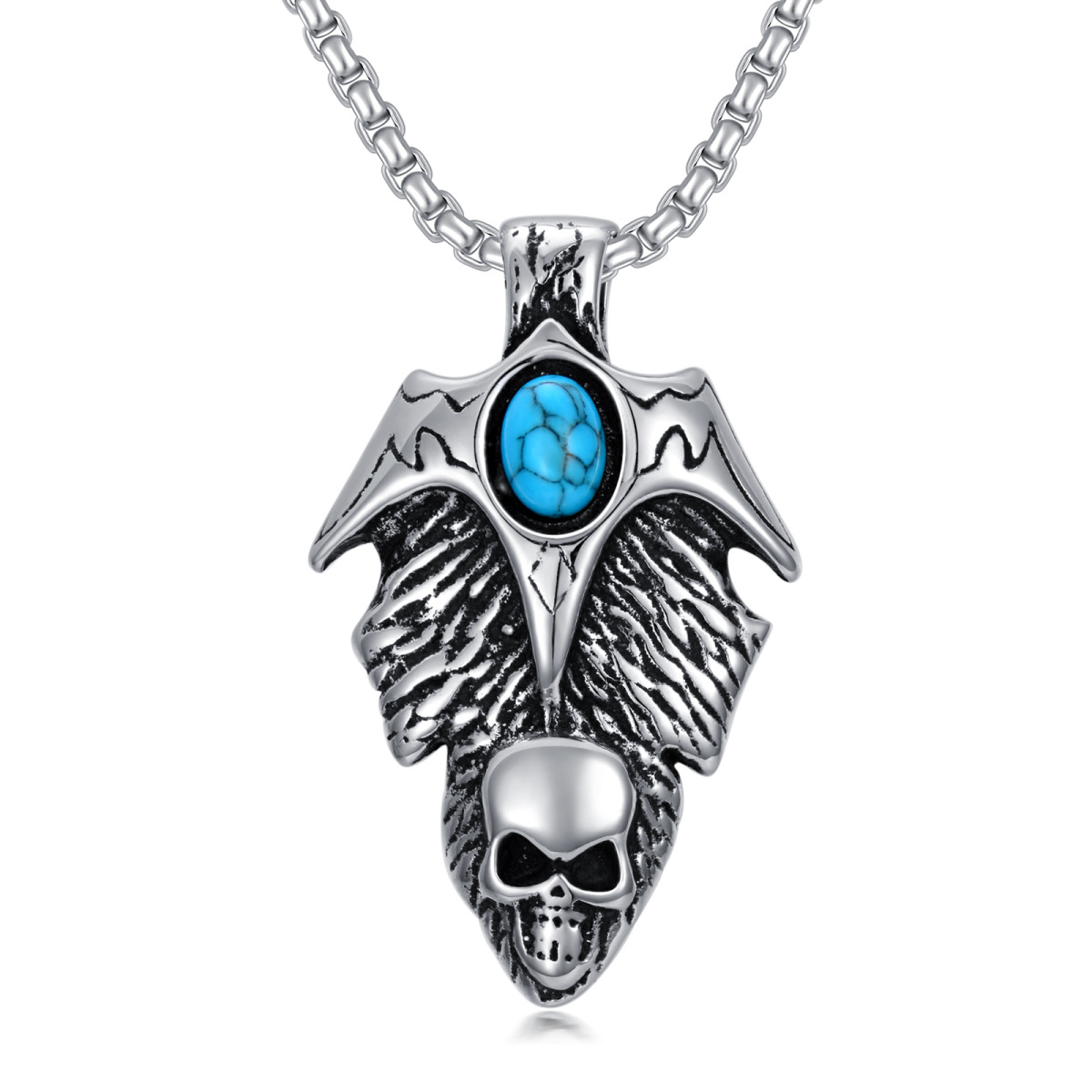 Sterling Silver Turquoise Skull Pendant Necklace-1