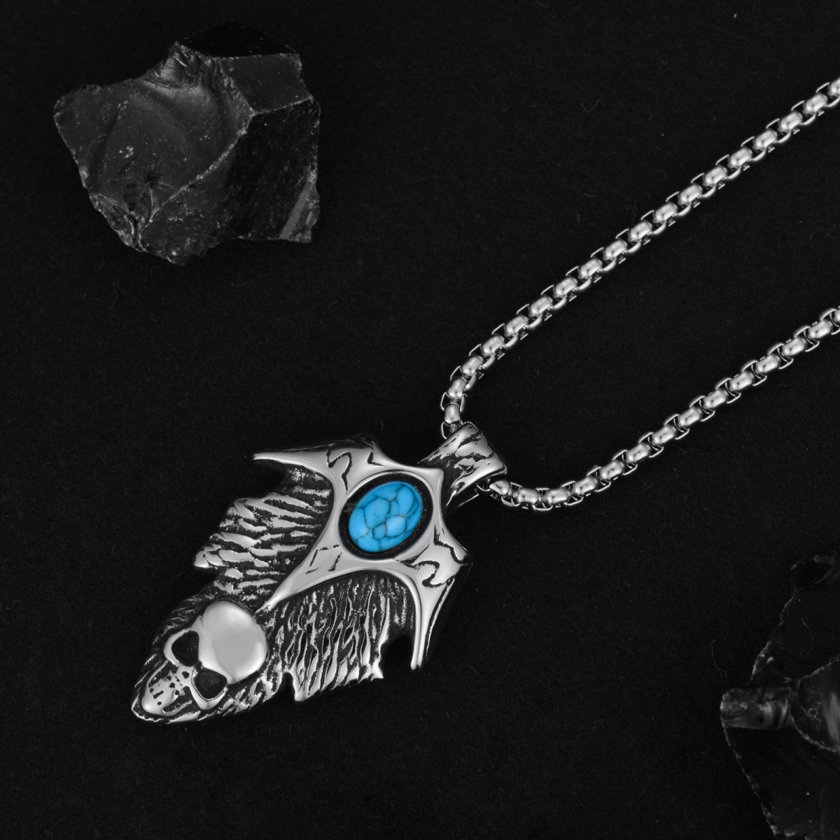 Collier pendentif tête de mort en argent sterling turquoise-3