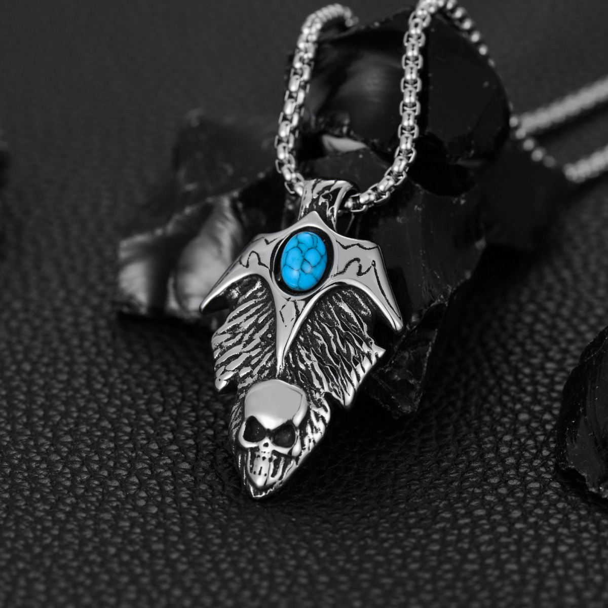 Collier pendentif tête de mort en argent sterling turquoise-4