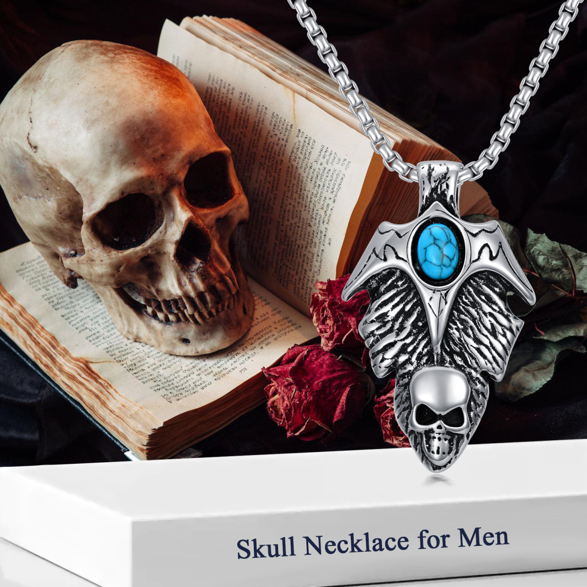 Sterling Silver Turquoise Skull Pendant Necklace-6