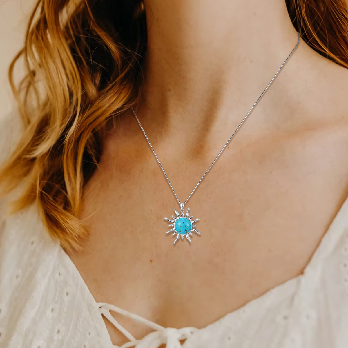 Sterling Silver Turquoise Sun Pendant Necklace for women-3