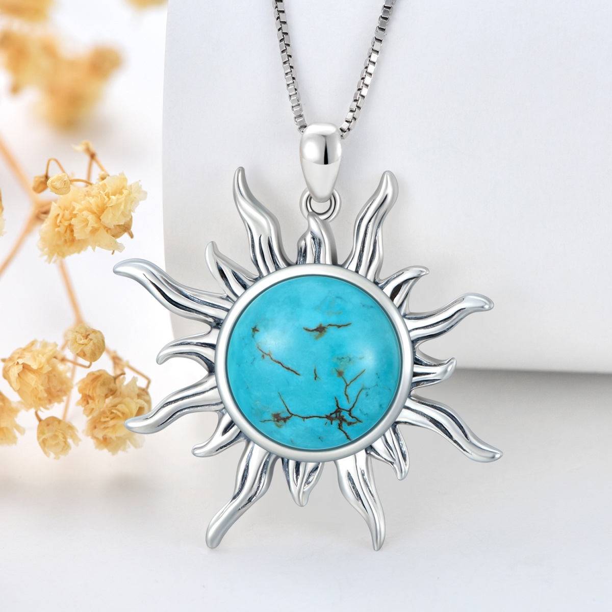 Sterling Silver Turquoise Sun Pendant Necklace for women-4