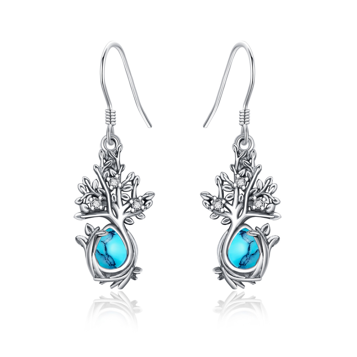 Sterling Silver Turquoise Tree Of Life Drop Earrings-1