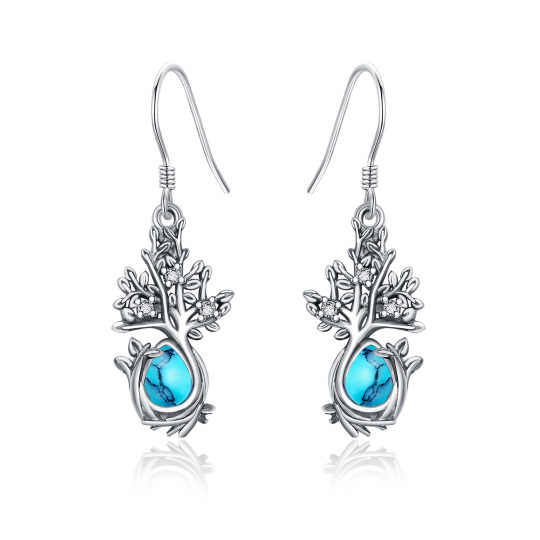 Boucles d'oreilles pendantes en argent sterling avec turquoise et arbre de vie