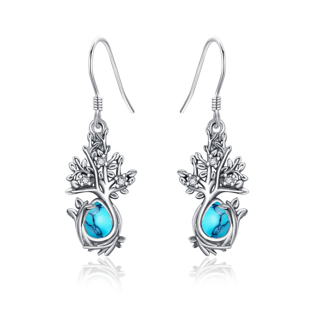 Sterling Silver Turquoise Tree Of Life Drop Earrings-1