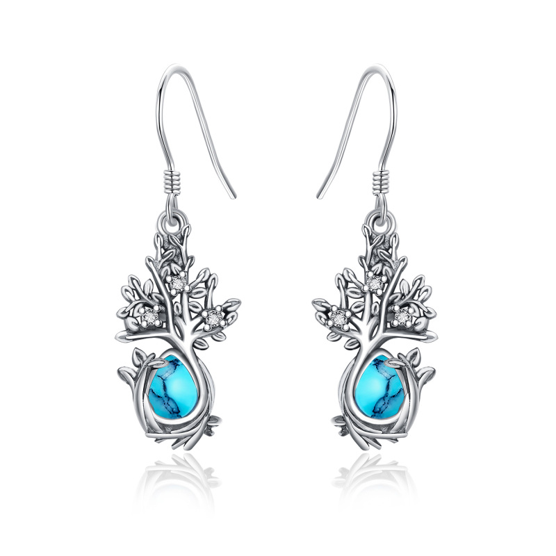 Sterling Silver Turquoise Tree Of Life Drop Earrings-19