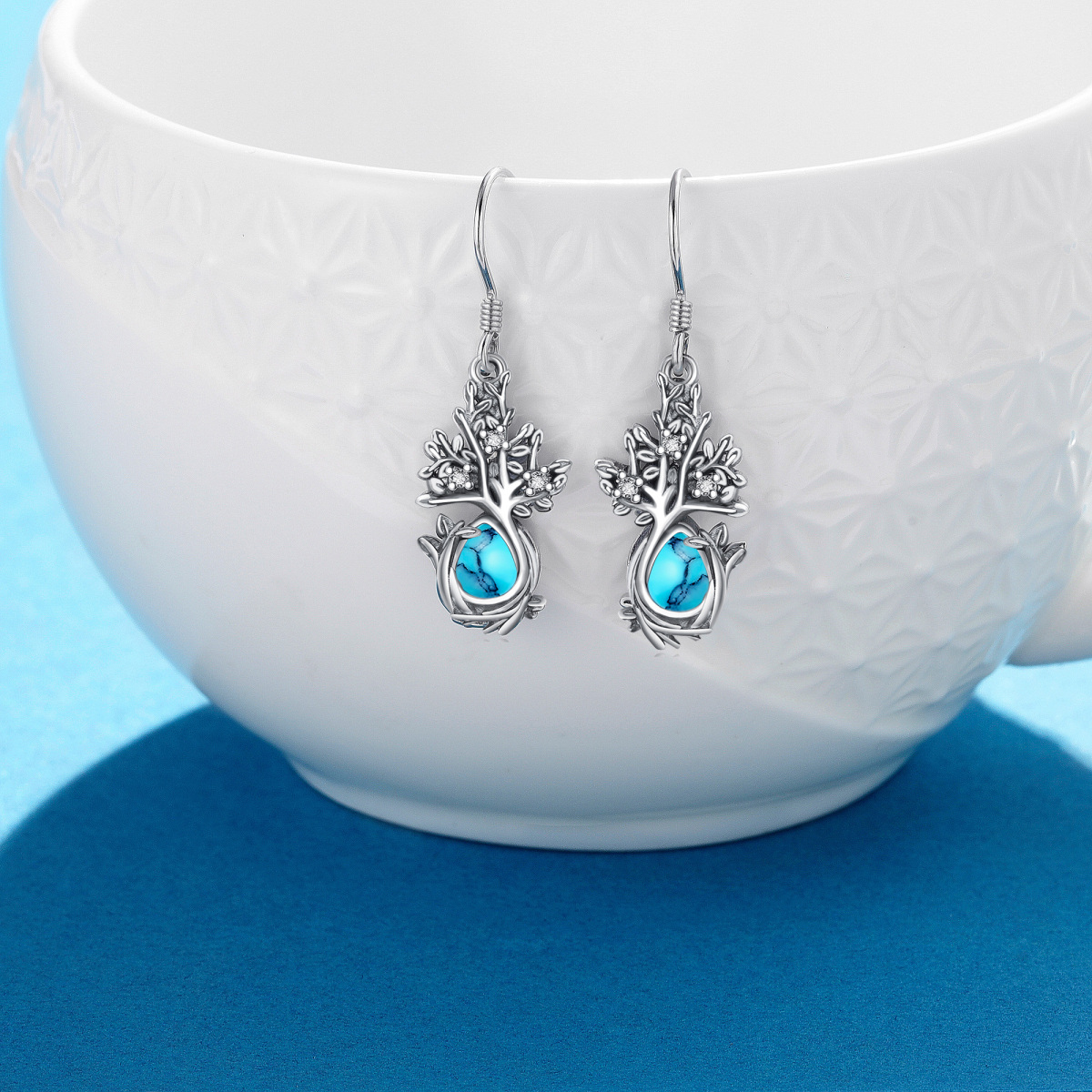 Sterling Silver Turquoise Tree Of Life Drop Earrings-3