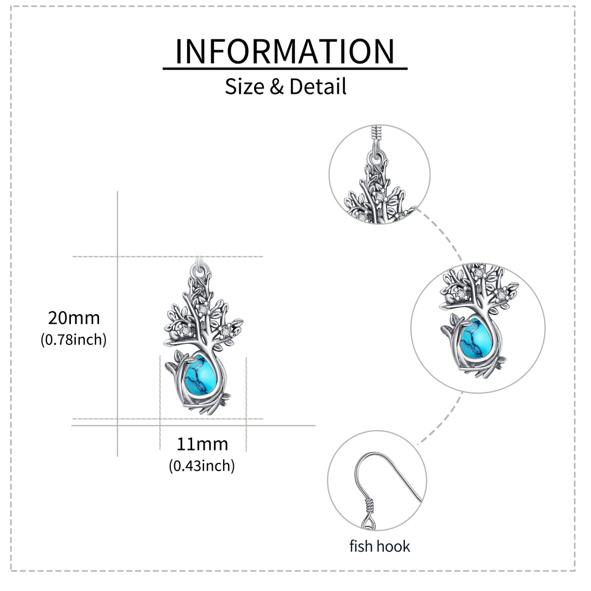 Sterling Silber Türkis Baum des Lebens Tropfen Ohrringe-5