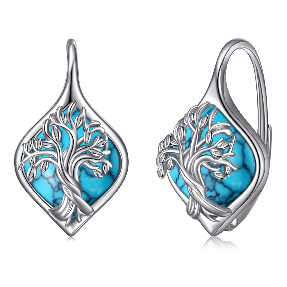 Sterling Silver Turquoise Tree Of Life Lever-back Earrings-1