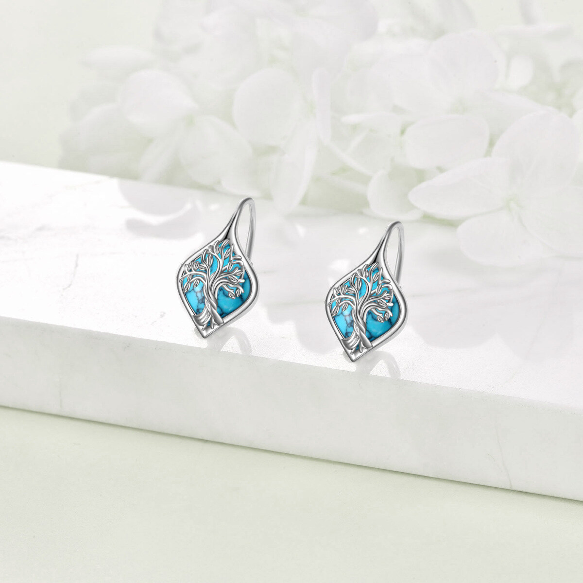 Boucles d'oreilles à levier en argent sterling avec arbre de vie turquoise-4