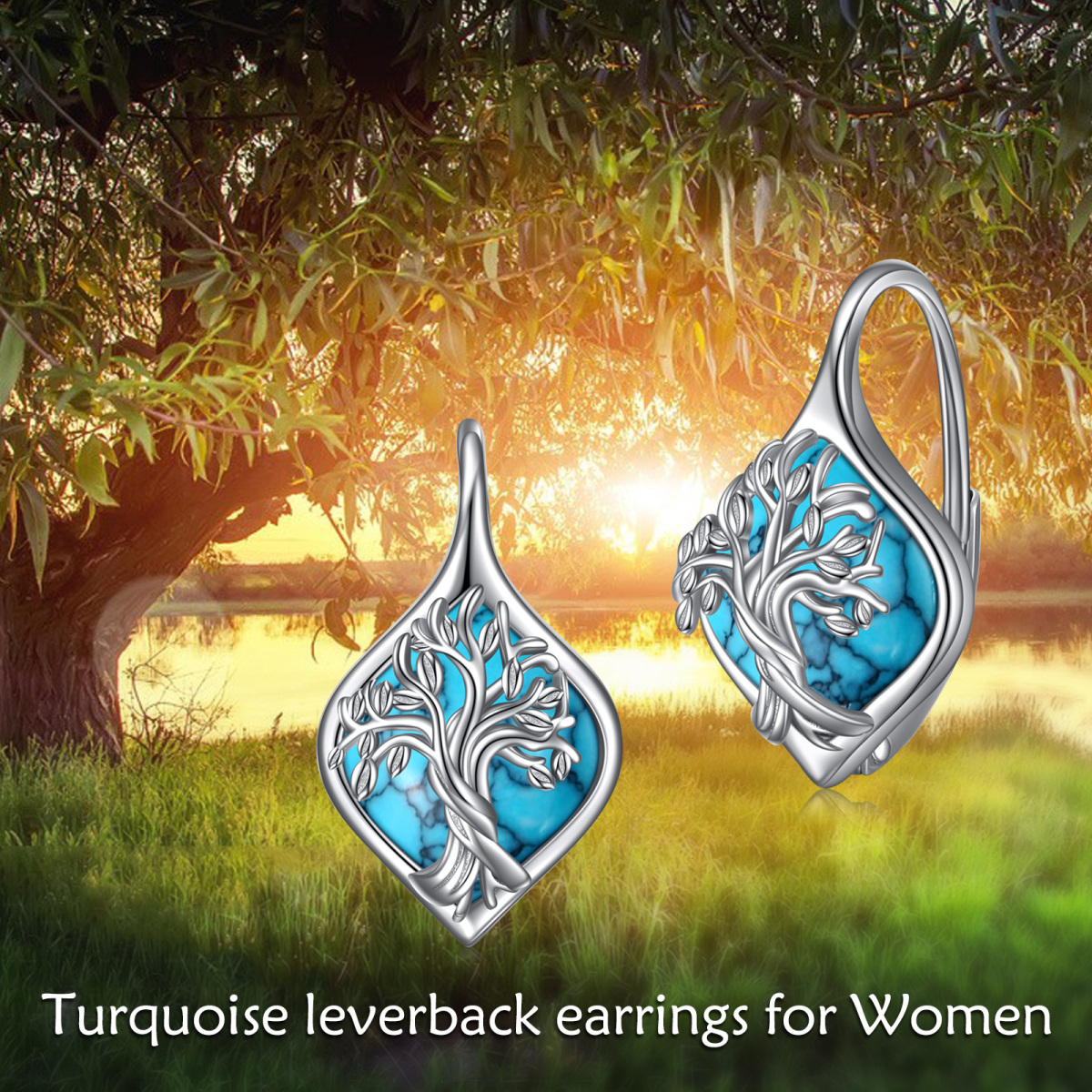 Boucles d'oreilles à levier en argent sterling avec arbre de vie turquoise-6