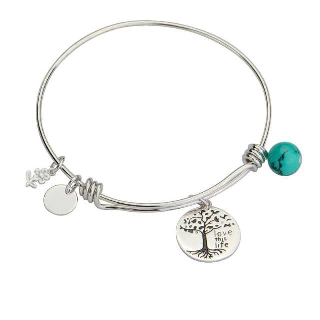 Sterling Silver Turquoise Tree Of Life Pendant Bangle with Engraved Word-4