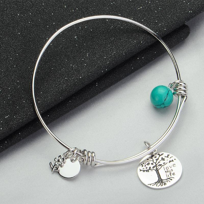 Sterling Silver Turquoise Tree Of Life Pendant Bangle with Engraved Word-2