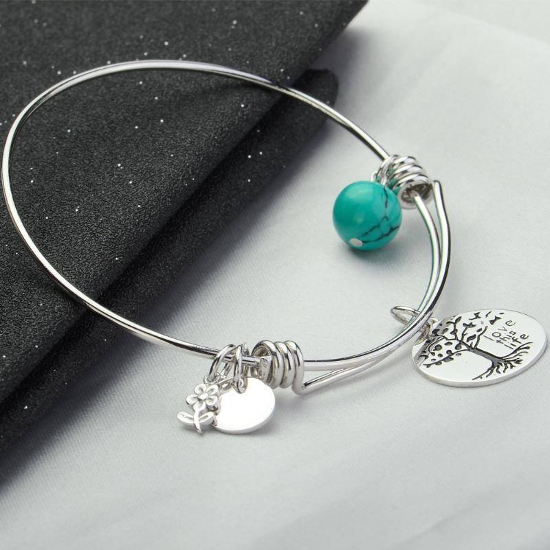 Sterling Silver Turquoise Tree Of Life Pendant Bangle with Engraved Word-3