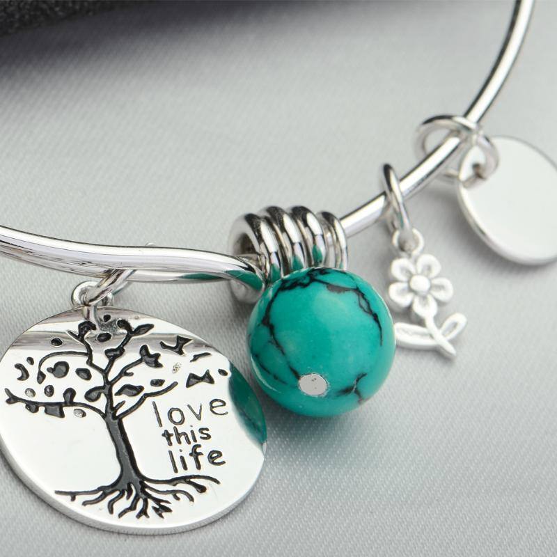 Sterling Silver Turquoise Tree Of Life Pendant Bangle with Engraved Word-4