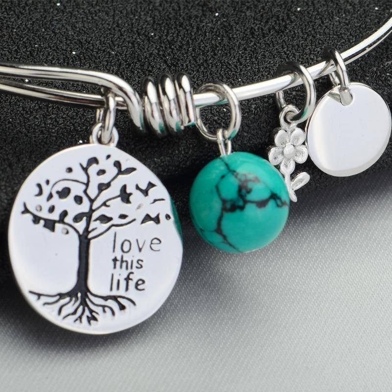 Sterling Silver Turquoise Tree Of Life Pendant Bangle with Engraved Word-5