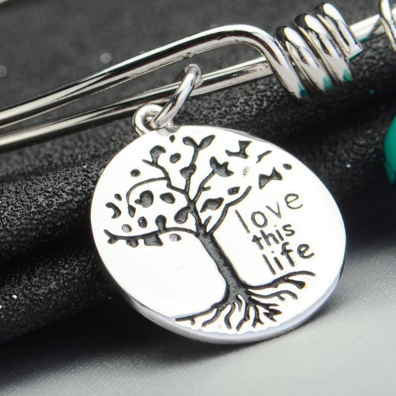 Sterling Silver Turquoise Tree Of Life Pendant Bangle with Engraved Word-6