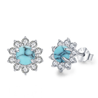 Sterling Silver Turquoise and Cubic Zirconia Wildflowers Boho Bohemian Stud Earrings-2