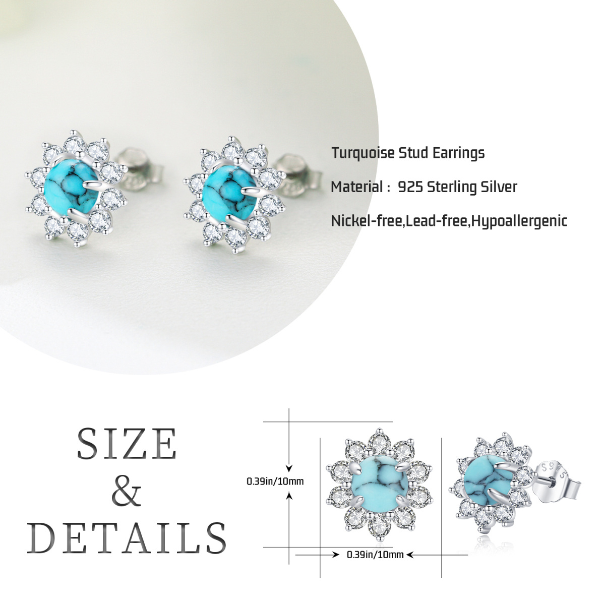 Sterling Silver Turquoise and Cubic Zirconia Wildflowers Boho Bohemian Stud Earrings-6