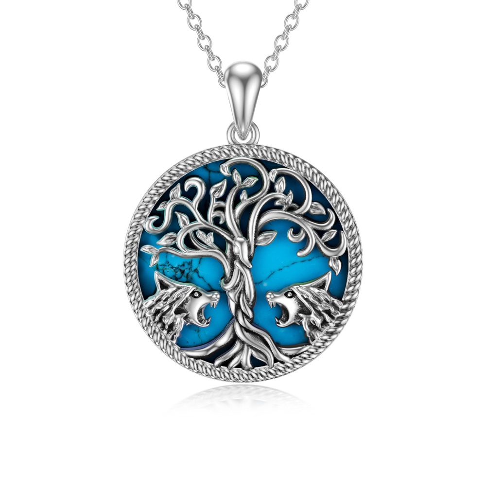 Collar Colgante de Plata de Ley Turquesa Lobo y Árbol de la Vida-1