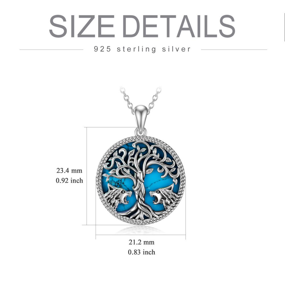 Collar Colgante de Plata de Ley Turquesa Lobo y Árbol de la Vida-4
