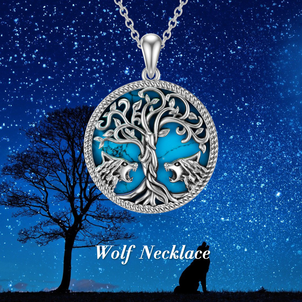 Collar Colgante de Plata de Ley Turquesa Lobo y Árbol de la Vida-5