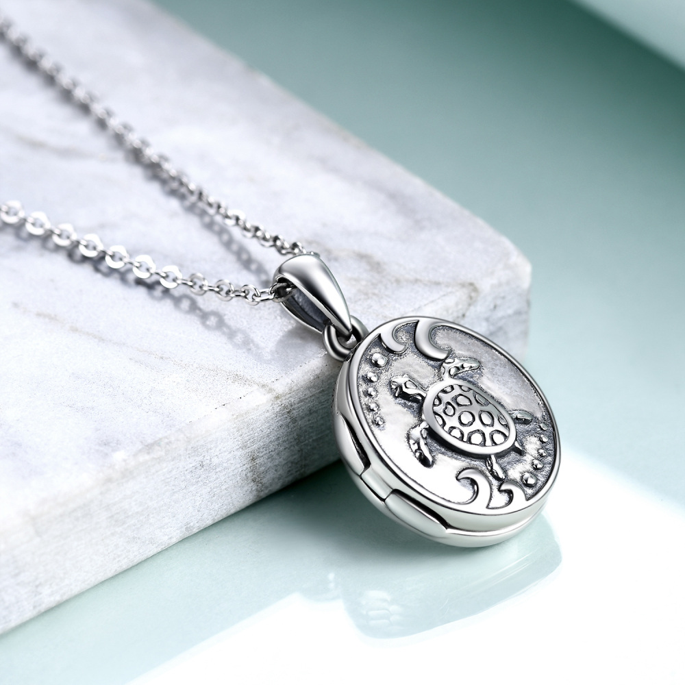Colar com medalhão de foto personalizado tartaruga de prata esterlina para unissex-3