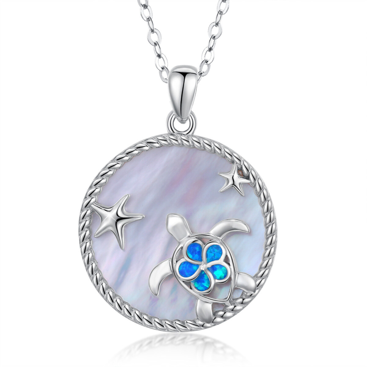 Sterling Silver Opal Sea Turtle & Starfish Pendant Necklace-1