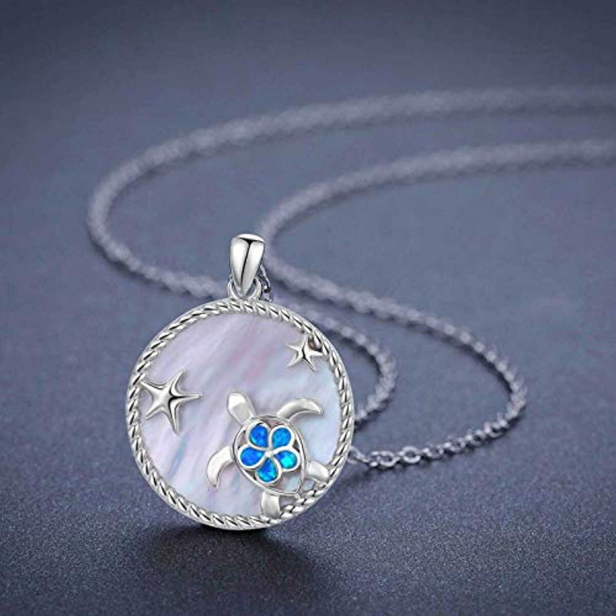 Sterling Silver Opal Sea Turtle & Starfish Pendant Necklace-3