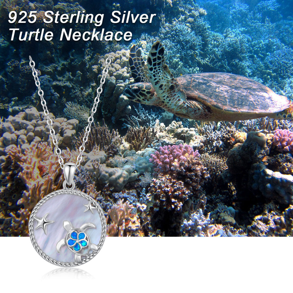 Sterling Silver Opal Sea Turtle & Starfish Pendant Necklace-4