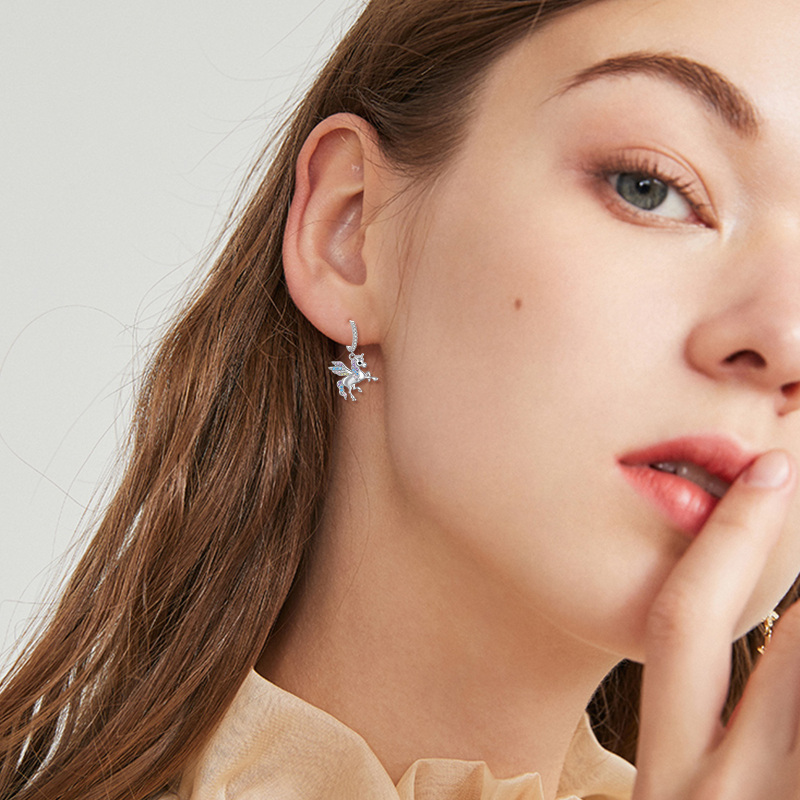 Sterling Silver Cubic Zirconia Unicorn Drop Earrings-2