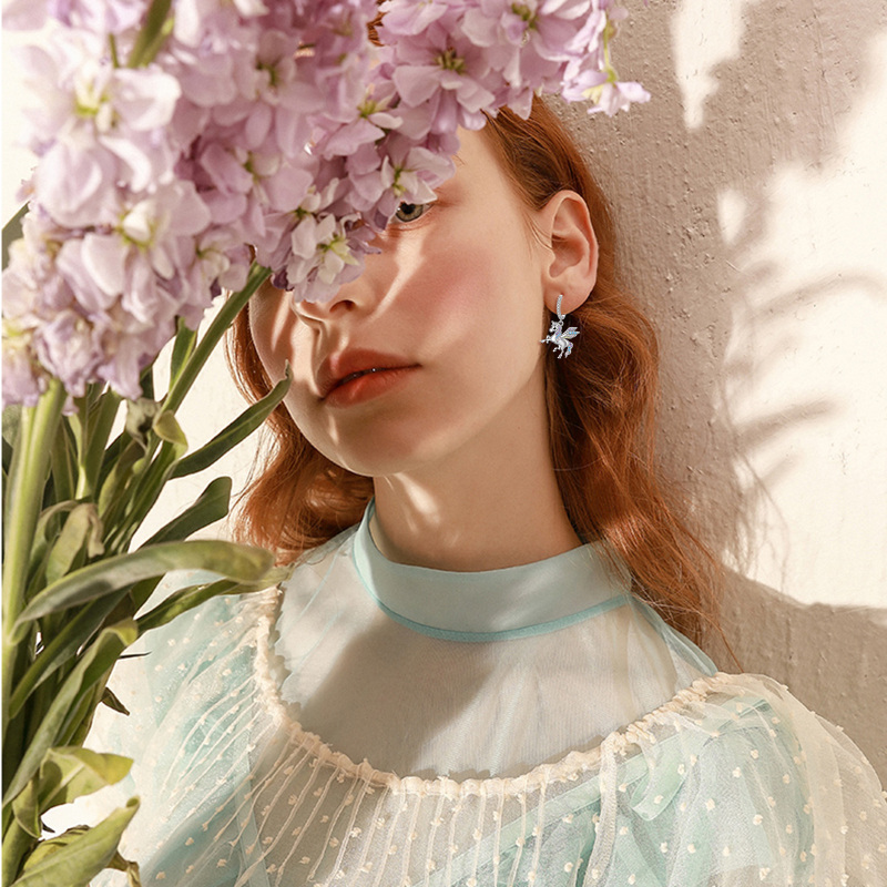 Sterling Silver Cubic Zirconia Unicorn Drop Earrings-3